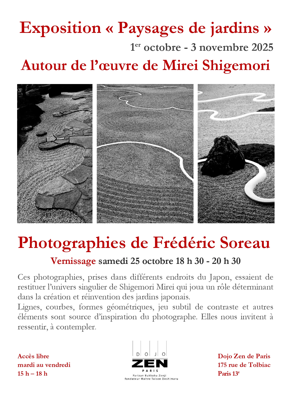 affiche de l'exposition "Paysages de jardins" au Dojo Zen de Paris