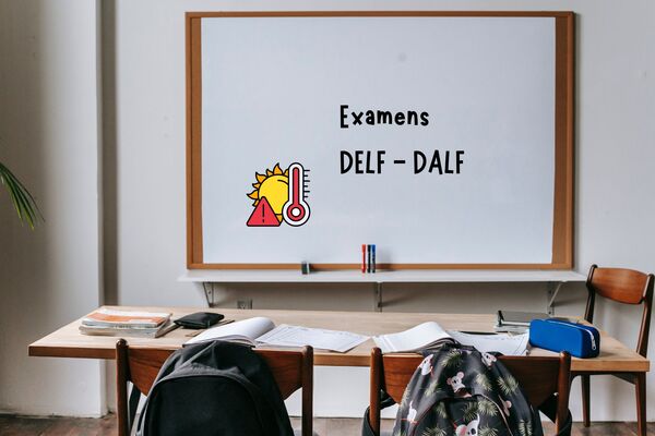 un tableau blanc dans une classe sur lequel est écrit Dalf et Delf avec un dessin de thermomètre